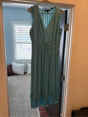 White House Black Market Sleeveless V-Neck Aqua Midi Dress Size L